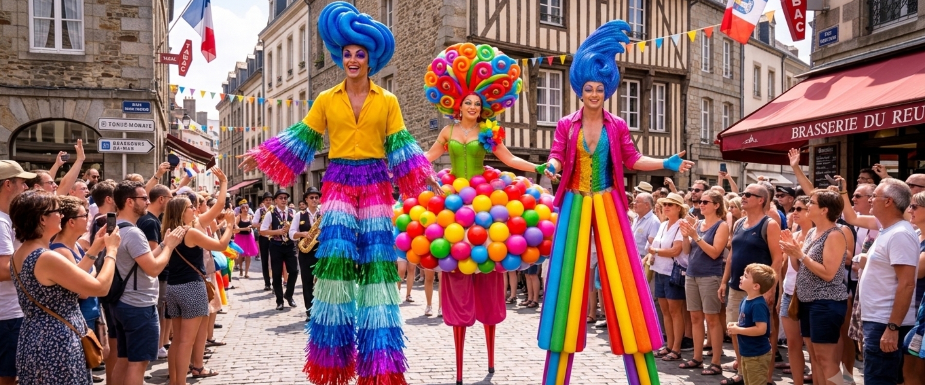"Échassiers en costumes colorés lors de la déambulation Colors" "Artistes festifs en tenues originales pendant déambulation Colors"