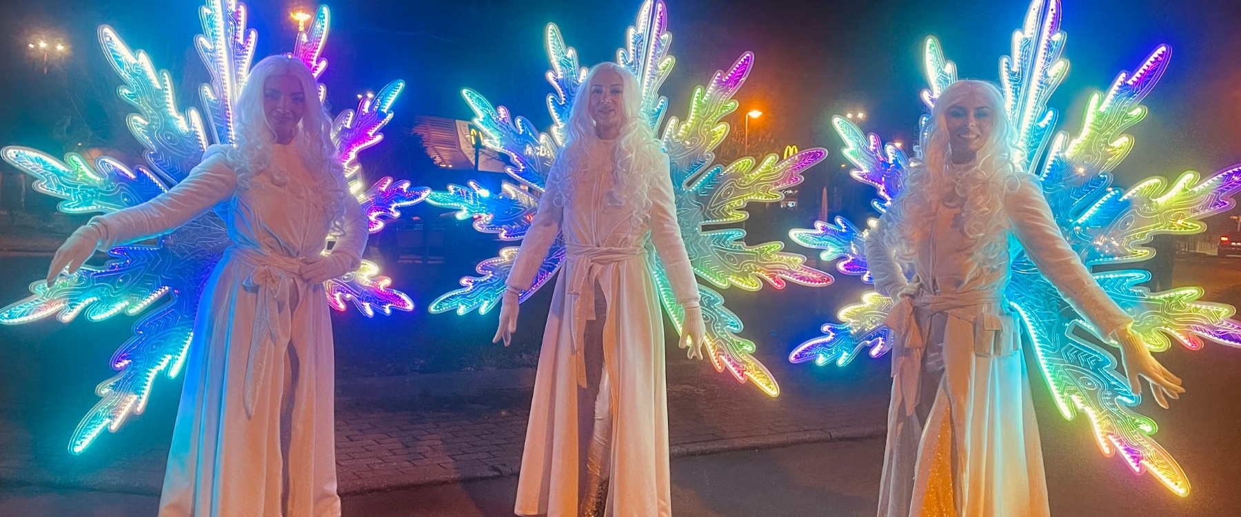 Une déambulation hivernale poétique avec 3 danseuses élégantes, flocons lumineux et ambiance féerique. Magie de l'hiver garantie.