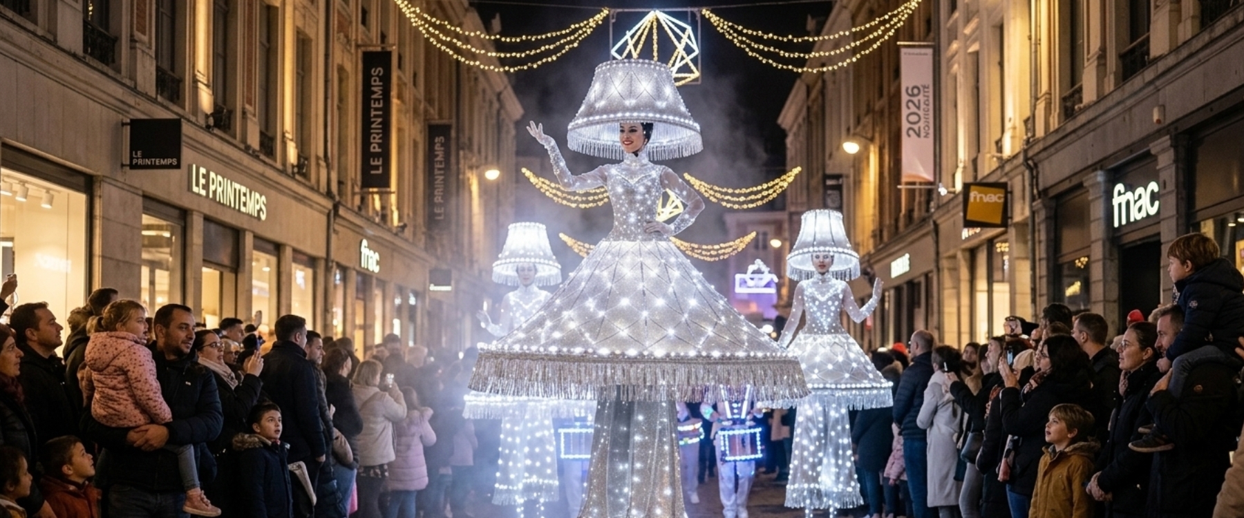 Une déambulation spectaculaire avec femmes échassières en blanc lumineux, costumes lampadaires. Poésie, lumière et originalité garanties.